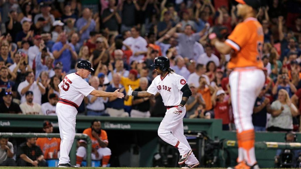 Boston Red Sox first baseman Hanley Ramirez is congratulated by third base coach Brian Butterfield (55) on his third home run of the game during the sixth inning of a baseball game against the San Francisco Giants at Fenway Park on Wednesday, July 20, 2016, in Boston. At right is Giants pitcher Albert Suarez.