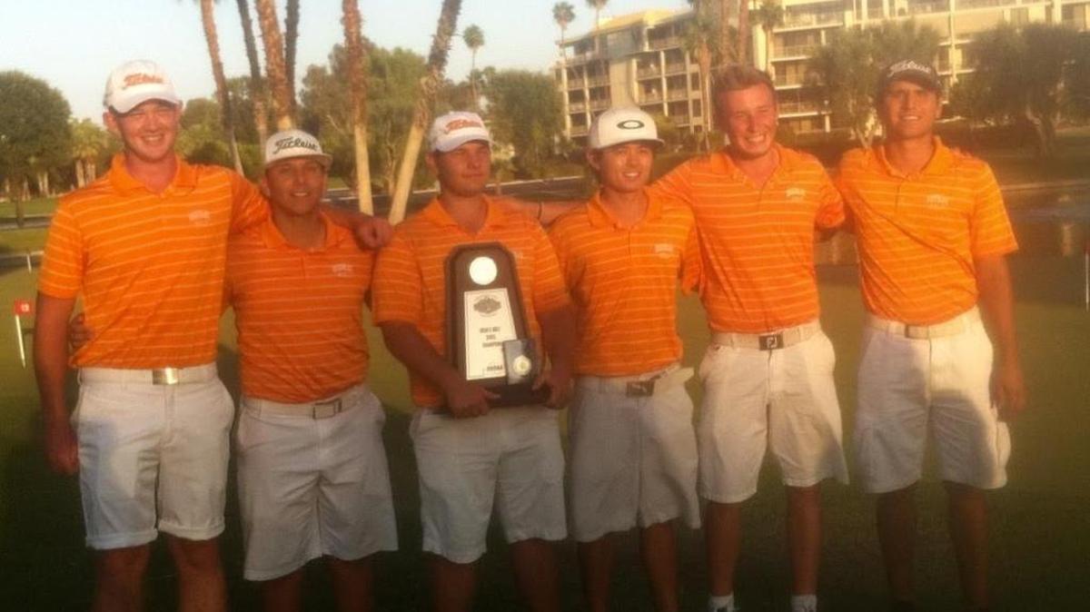 The Reedley College men’s golf team takes a group picture after winning its first state title in Rancho Mirage on Monday, May 16, 2016.