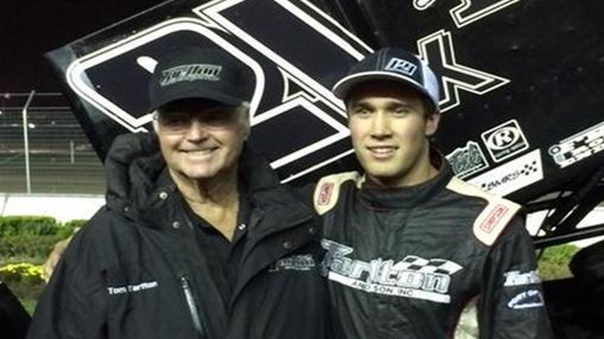 Car owner Tom Tarlton and driver Carson Macedo after winning the King of the West sprint car series championship Saturday night in Stockton.