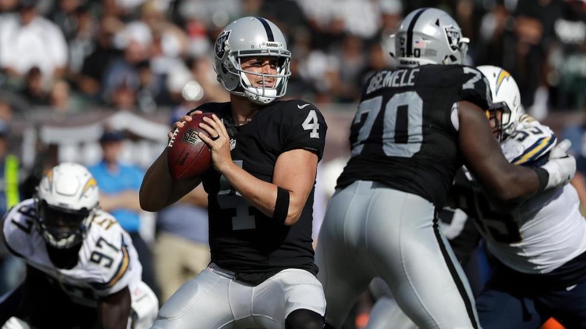 Raiders quarterback Derek Carr (4) gets ready to throw a pass against the San Diego Chargers in Oakland on Oct. 12.
