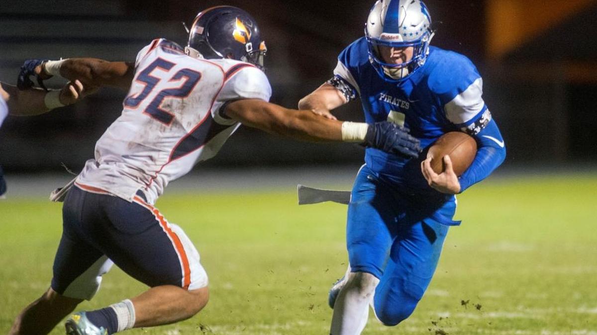 Modesto College quarterback Trey Cooper scrambles during an Oct. 17, 2015, game against Sequoias. Cooper, whose Pirates host Fresno City on Saturday, passed for 184 yards and a touchdown and rushed for 66 yards and another score in a 56-0 win.
