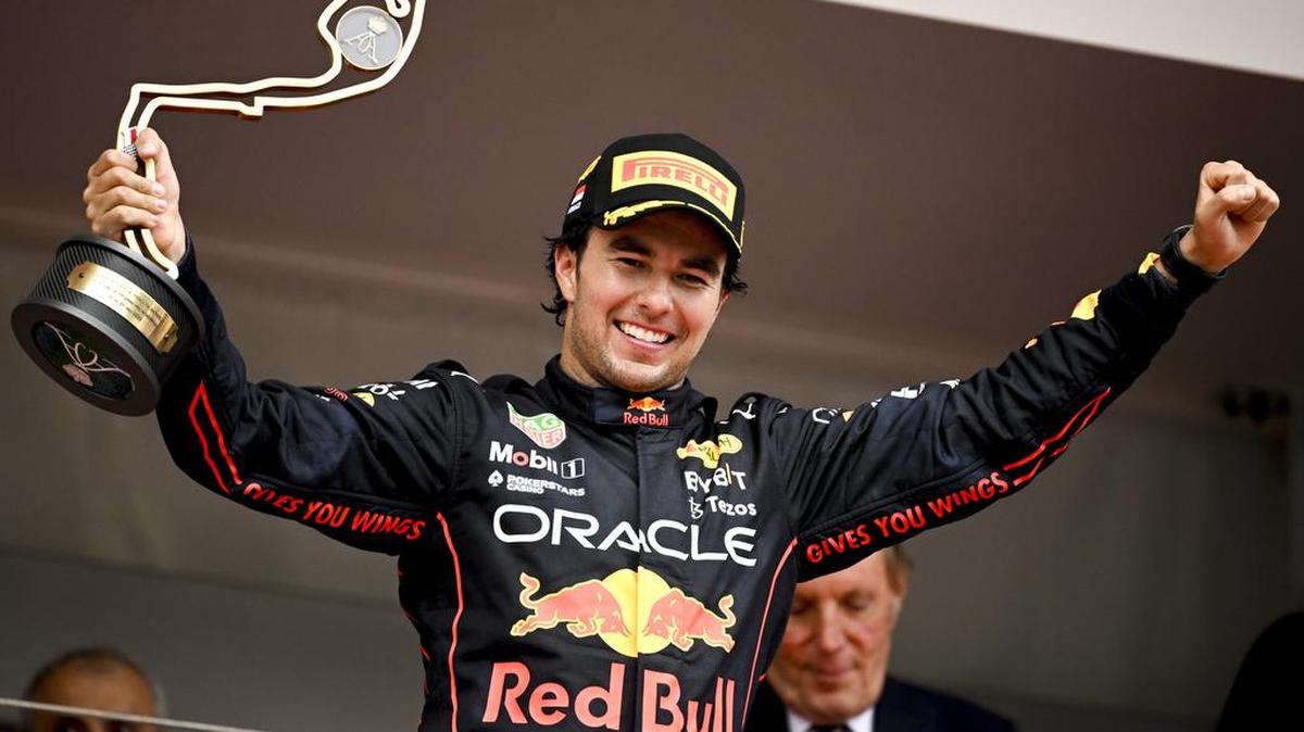 Mexican Formula One driver Sergio Perez of Red Bull Racing celebrates on the podium after winning the Formula One Grand Prix of Monaco at the Circuit de Monaco in Monte Carlo, Monaco.