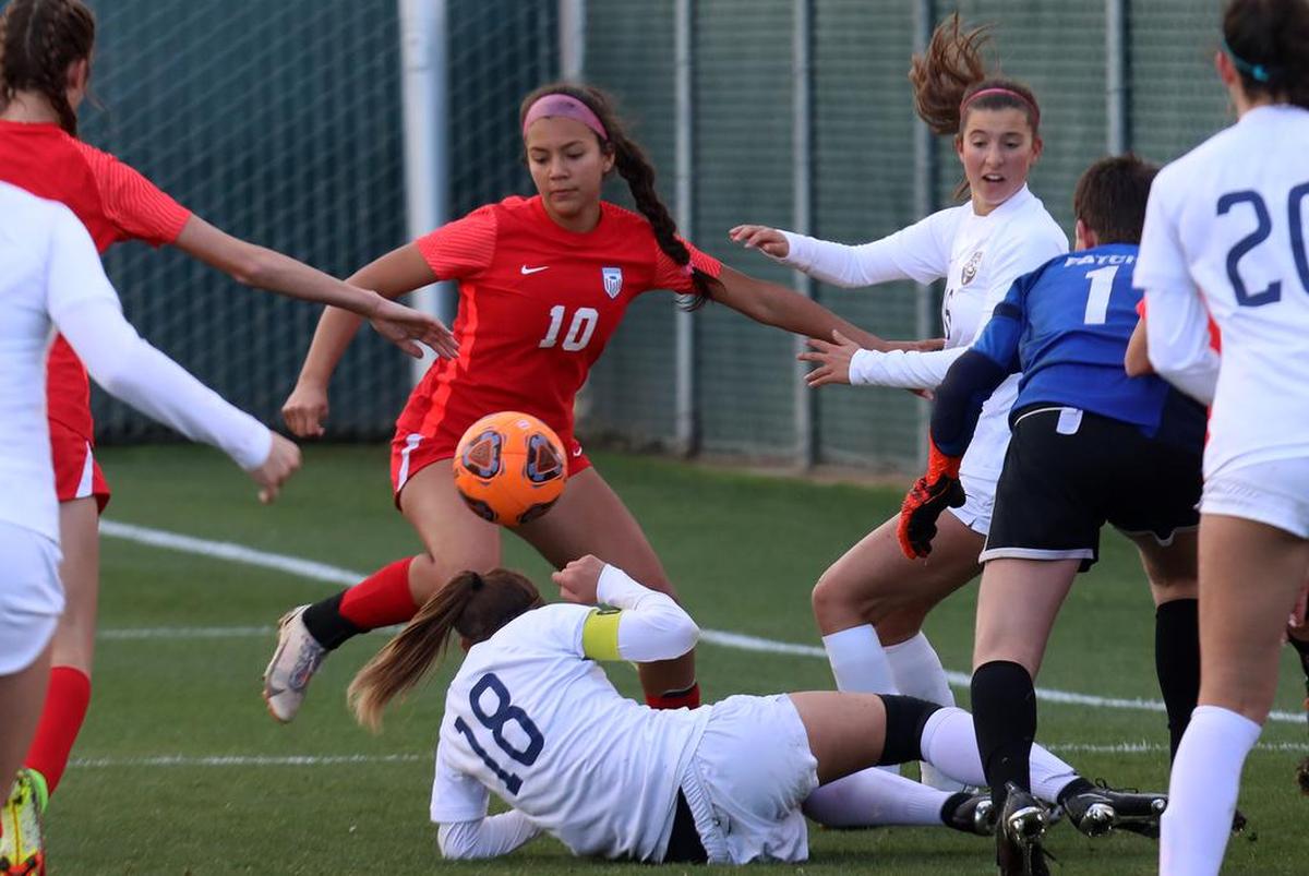Buchanan High junior Daisy Torres finds herself tangled in front of the goal along with Arroyo Grande defender Jiana Martin and others during a 3-1 CIF Central Section Division I girls soccer semifinal on Feb. 22, 2022.