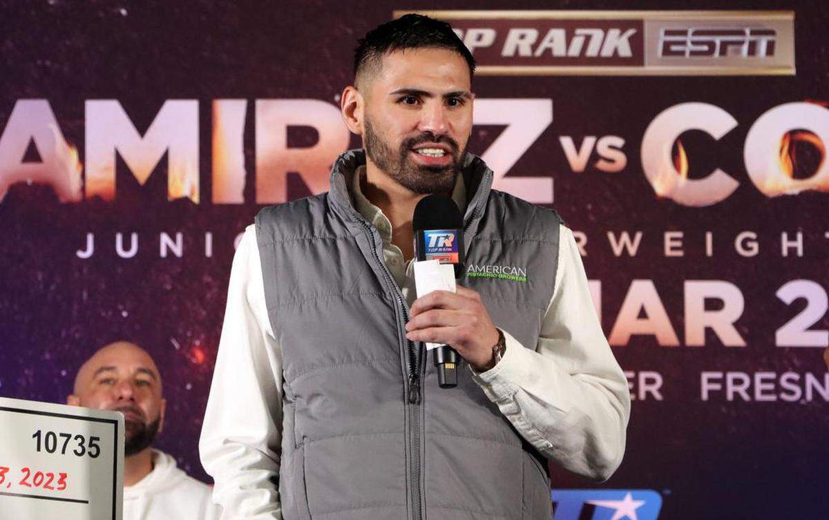 Junior welterweight boxer José Ramírez speks during March 23, 2023 press conference at Fresno State. He will face Richard Commey in a 12-round bout on March 25 at the Save Mart Center.