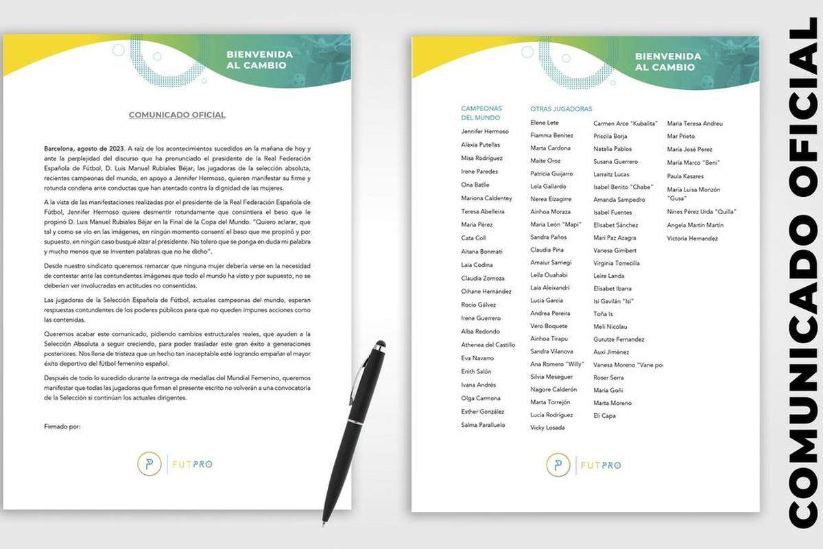 Comunicado pronunciado a través del sindicato FutPro firmado por 56 jugadoras, entre ellas las 23 que se proclamaron campeonas del mundo en Sídney en el que apoyan a Jennifer Hermoso.