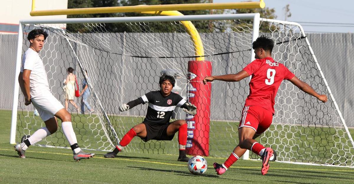 Sanger High sophomore forward Isaiah Villalobos scored on this goal to tie the match against Hart High at 1-1 in the first half.