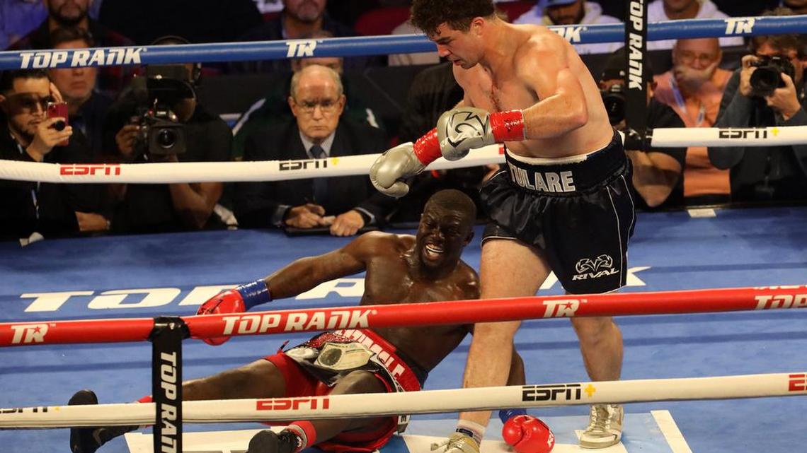 Tulare heavyweight Richard Torrez Jr. walks away after knocking down Allen Melson in the second round at the Save Mart Center on March 4, 2022.
