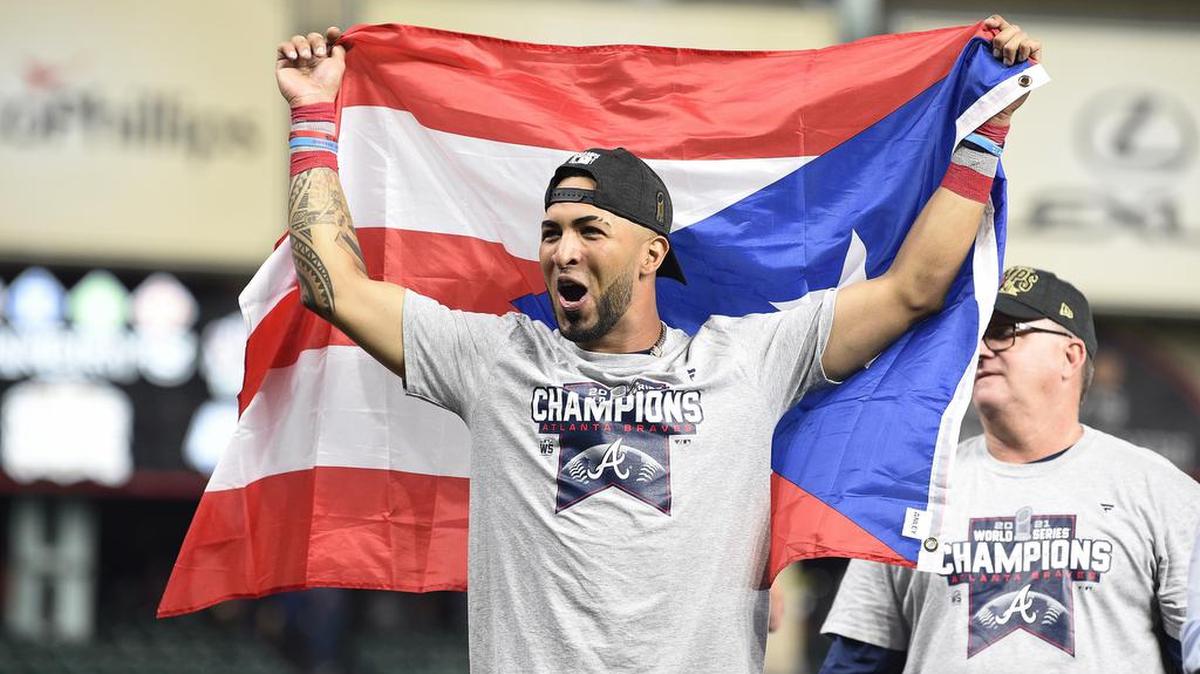 Atlanta Braves Eddie Rosario celebrates after the defeated the Houston Astros in game six of the Major League Baseball World Series to win the World Series 4 games to 2 at Minute Maid Park in Houston, Texas.