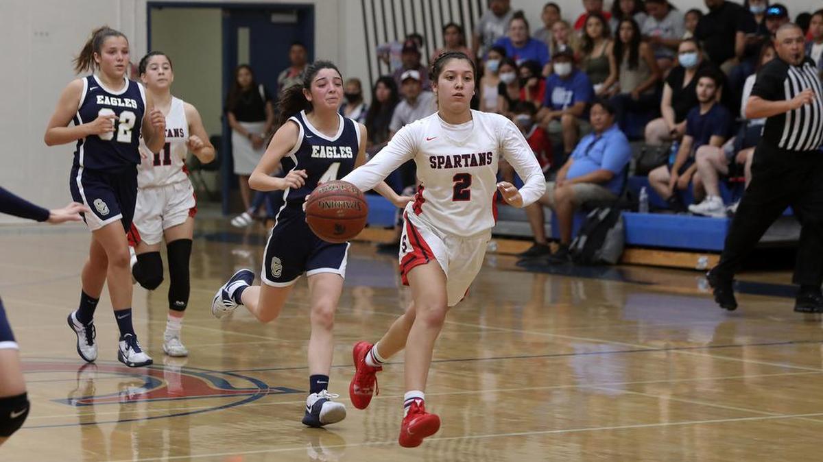 Strathmore High senior guard Jazmine Soto dribbles upcourt in the fourth quarter of a 78-20 Southern Section Divison V-AA playoff win over Calvary Chapel on June 15, 2021. She finished with a game-high 35 points, including 27 in the first half.