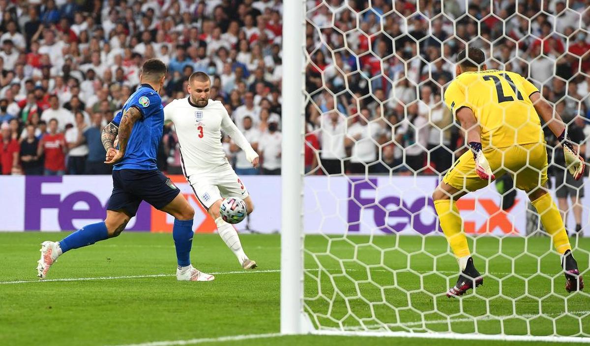 Luke Shaw of England scores the 1-0 lead during the UEFA EURO 2020 final between Italy and England in London.