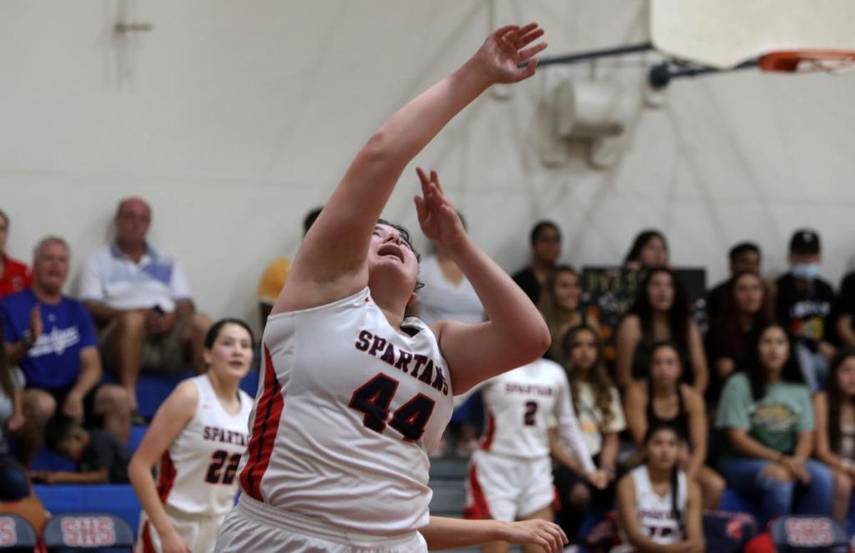 Strathmore High junior Sherri Chapa goes up for two of her 17 points against Calvary Chapel in a Southern Section Division V-AA playoff win, 78-20, on June 15, 2021.