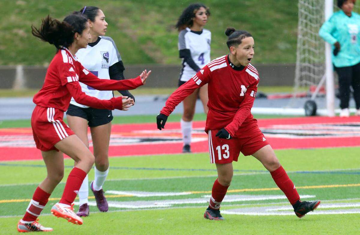 McLane High senior forward Yadira Domínguez celebrates her first of two goals during a 6-2 home win over Desert High in a CIF Central Section Division VI semifinal on Feb. 27, 2023.
