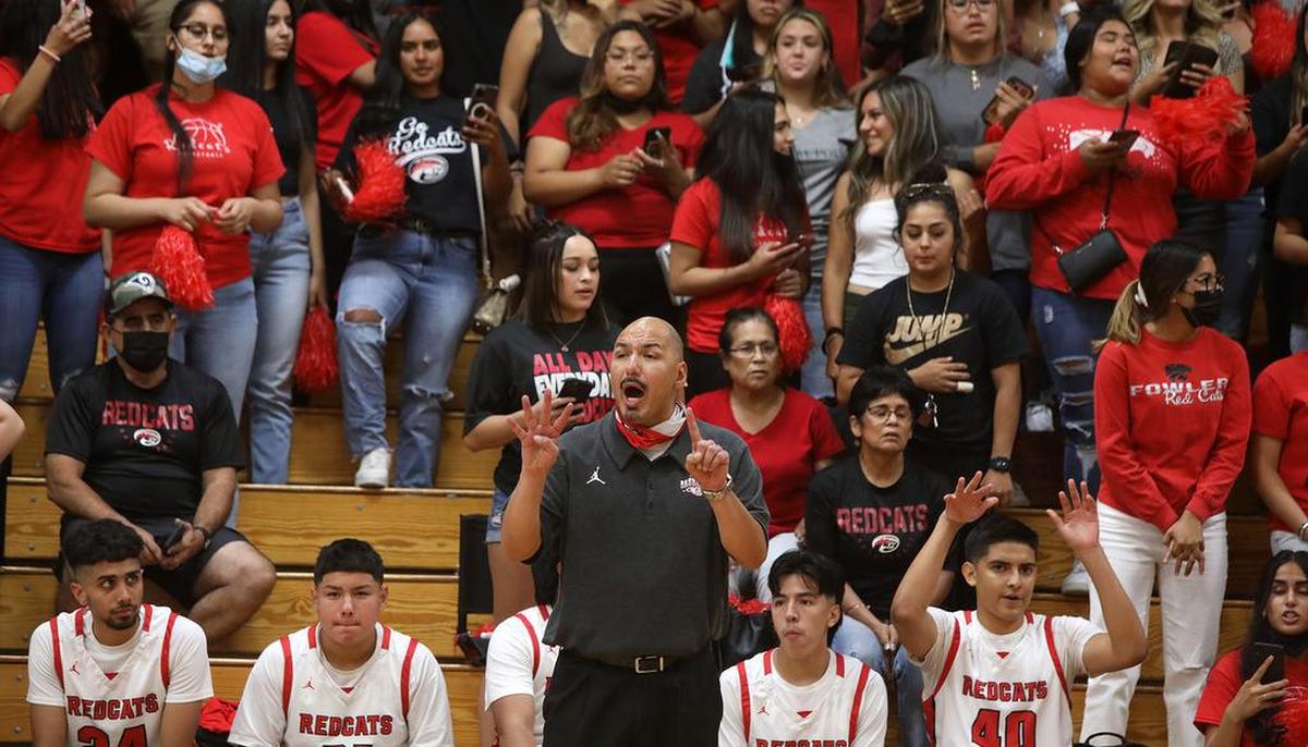 Fowler High coach Alfonso Alvarado was constantly yelling instructons from the sidelines on June 11, 2021 as the Redcats claimed their first Valley title since 2016 with a thrilling 59-55 win over Sierra High in the CIF Central Section Division V championship.