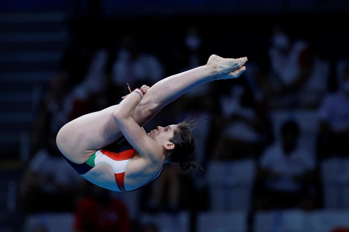 Alejandra Orozco de México compite en las semifinales de plataforma 10m femenina de saltos por los Juegos Olímpicos 2020 el 5 de agosto en el Centro Acuático de Tokio.