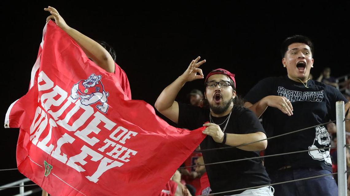 Fresno State fans cheer during fourth-quarter comeback that saw the Bulldogs score a 38-30 win over UNLV on Sept. 24, 2021.