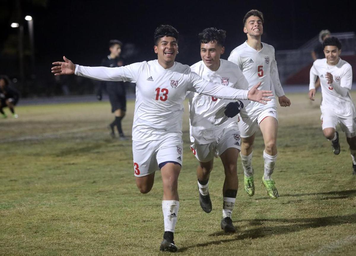 McLane High senior Adrián Salinas celebrates a goal against Selma High in the final 3:30 of the game. The ninth-seeded McLane team won 4-1 to advacne to the CIF Central Section Division IV championship Friday (Feb. 25) against No. 3 seed Fowler High.