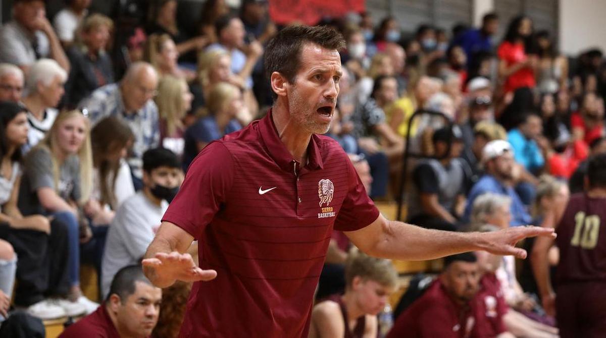 Sierra High coach Ryan Watt yells instructions during the 59-55 loss to Fowler High for the CIF Central Section Division V boys championship.