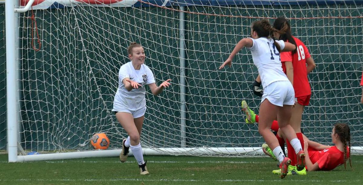 Arroyo Grande junior Rachel Butler celebrates a goal with less than 15 minutes left in the CIF Central Section Division I girls semifinal on Feb. 22, 2022. Buchanan won, 3-1.
