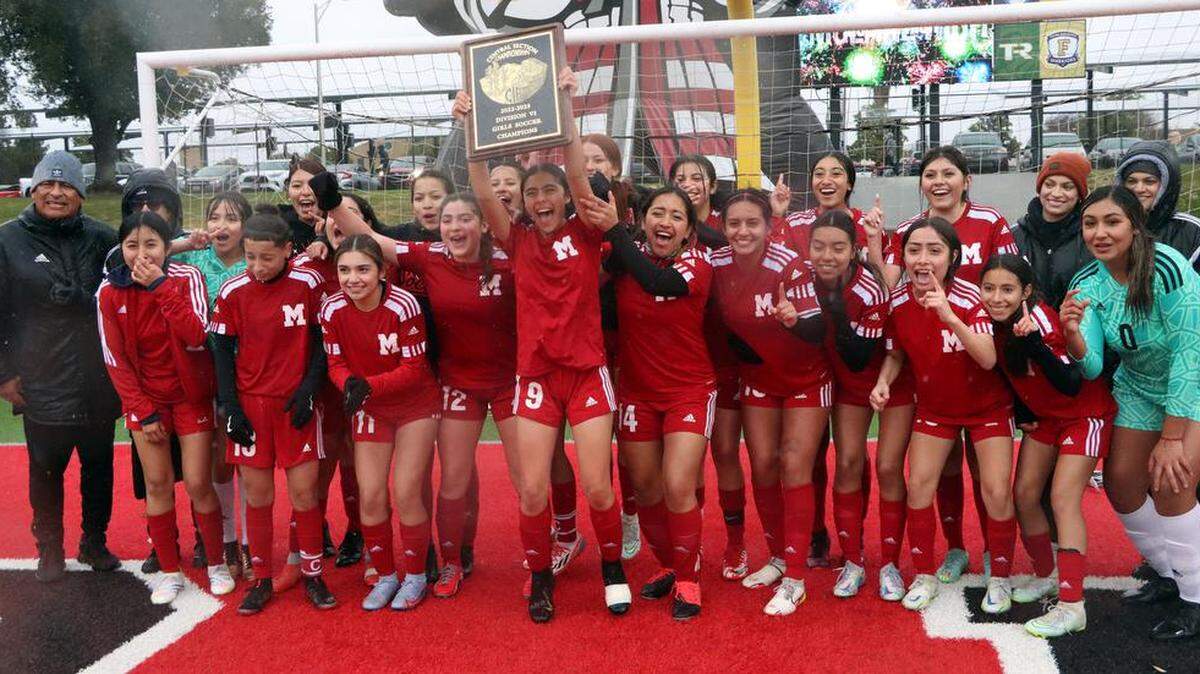 The McLane High girls soccer team, playing its second game in two days, scored a 3-0 win over Rosamond High to capture the CIF Central Section Division VI championship in rain and wind at McLane High Stadium on Feb. 28, 2023.