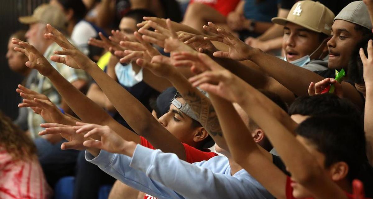 Strathmore High fans cheer the home team against Calvary Chapel in a Southern Section Division V-AA playoff. Strathmore won, 78-20, on June 15, 2021.