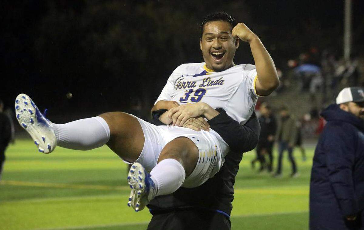 Terra Linda senior Ryan Santos celebrates his team’s 2-0 win over McLane High in the Northern California Division III boys championship match March 4 at McLane High Stadium.