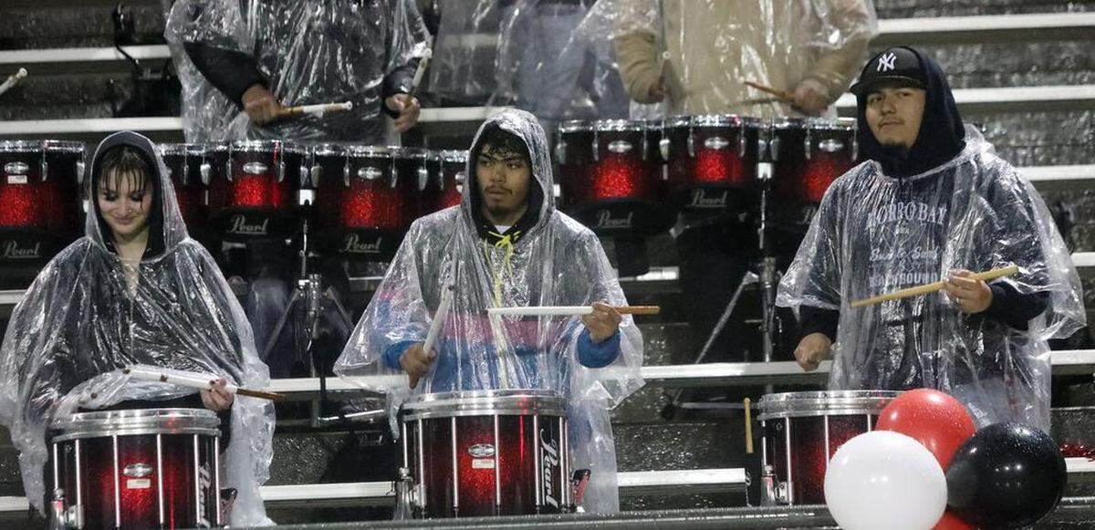 McLane High drummers were prepared for the rain during the CIF Central Section Division III boys soccer championship on Feb. 24, 2023. McLane won 3-2 in overtime over Chávez High.