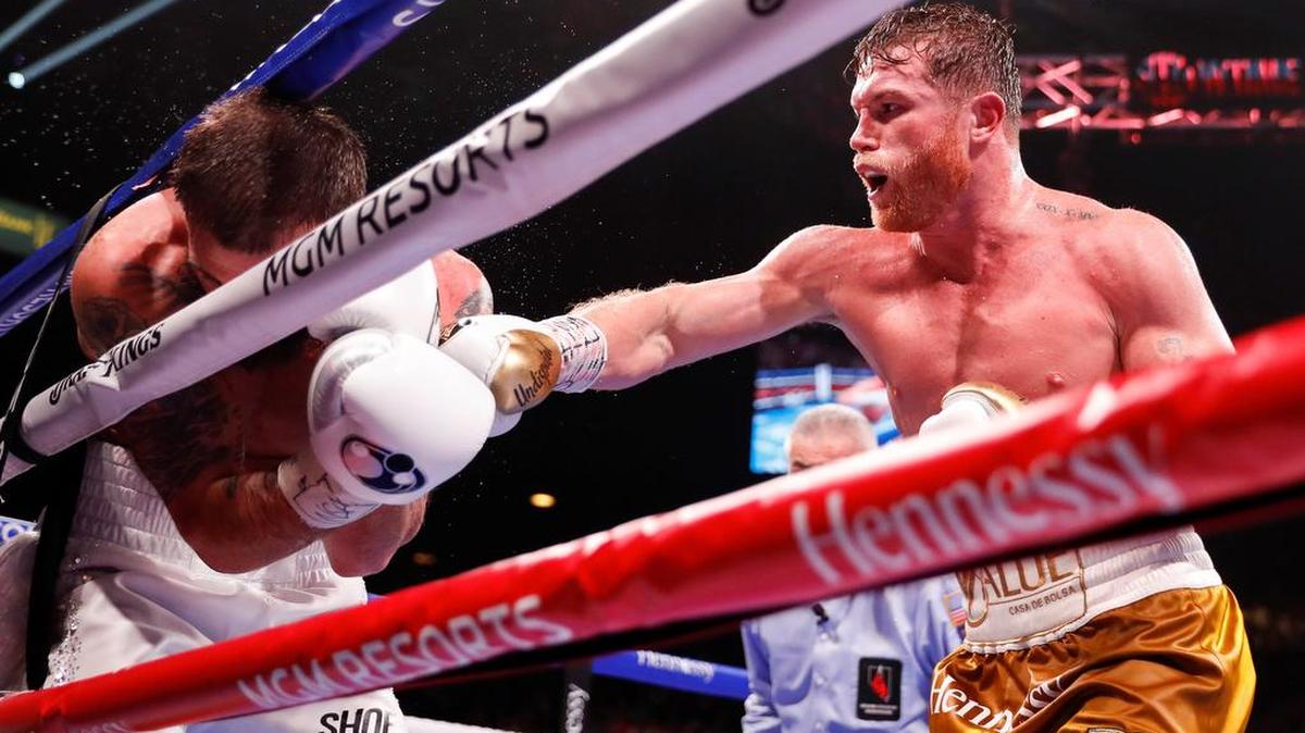 Canelo Alvarez of Mexico fights Caleb Plant of the USA during their super middleweight world championship title fight at the MGM Grand Garden Arena in Las Vegas.
