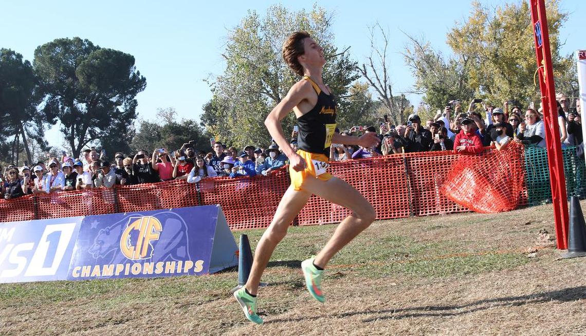 Newbury Park High senior Colin Sahlman won the boys Division I title with a time of 14:26.5 at Woodward Park on Nov. 27, 2021.
