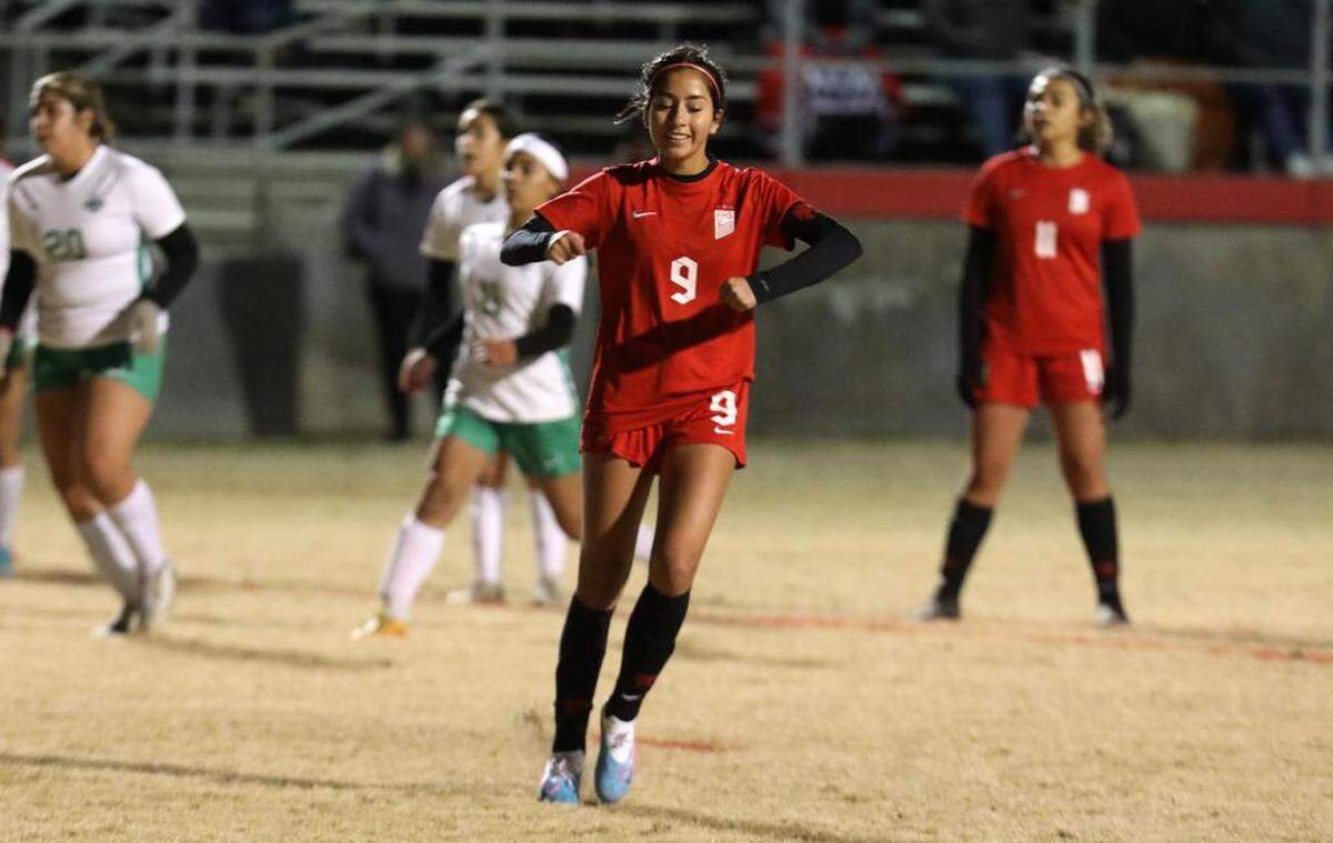 Fowler High senior Damaris López celebrates after converting a penalty kick against Reedley High during a CIF Central Section Division IV girls soccer match on Feb. 15, 2023 at Fowler High. López scored two goals in the 5-0 win by Fowler.