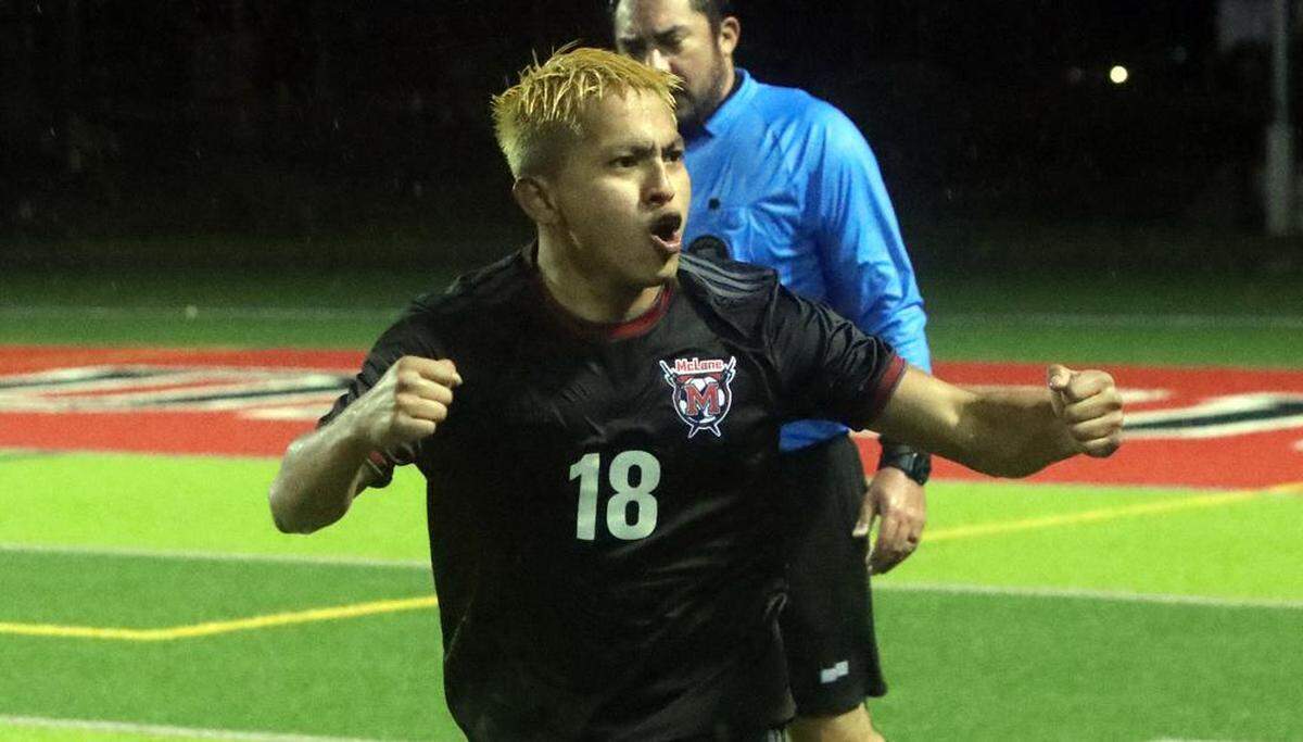 McLane High junior Maynor Beb Caal celebrates his game-winning goal in overtime to hand his team a 3-2 win over visiting Chávez High for the CIF Central Section Division III boys championship on Feb. 24, 2023.
