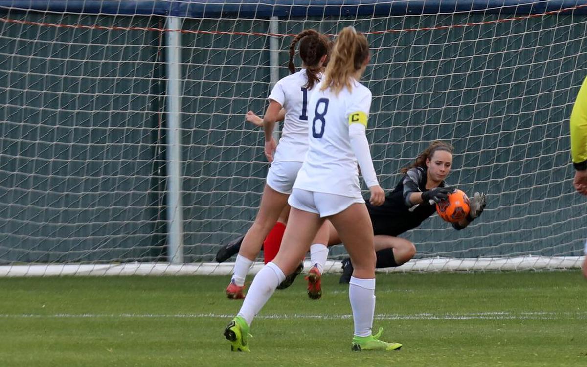 Buchanan High goalkeeper Karly Liles make a save during a 3-1 CIF Central Section Division I girls soccer semifinal on Feb. 22, 2022.