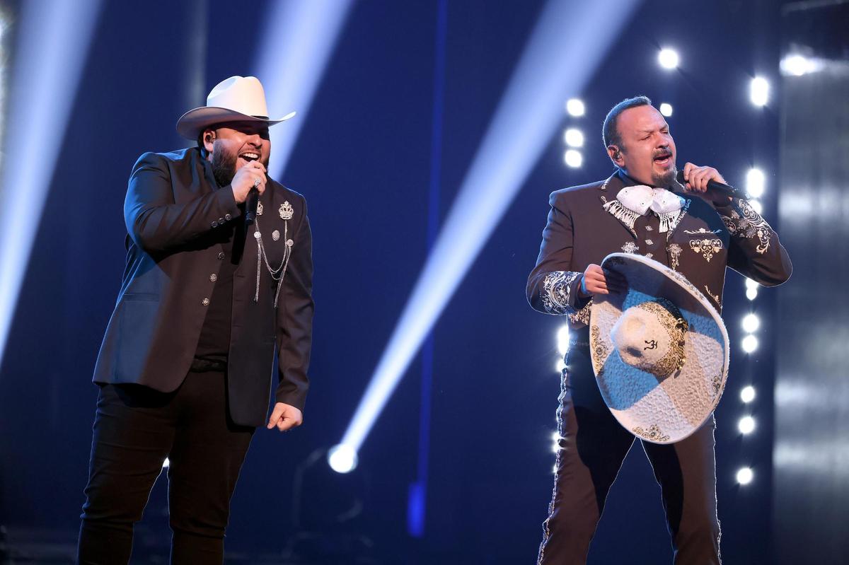 El Fantasma and Pepe Aguilar perform during Univision’s 34th Edition Of Premio Lo Nuestro a la Música Latina at FTX Arena on February 24, 2022 in Miami, Florida.