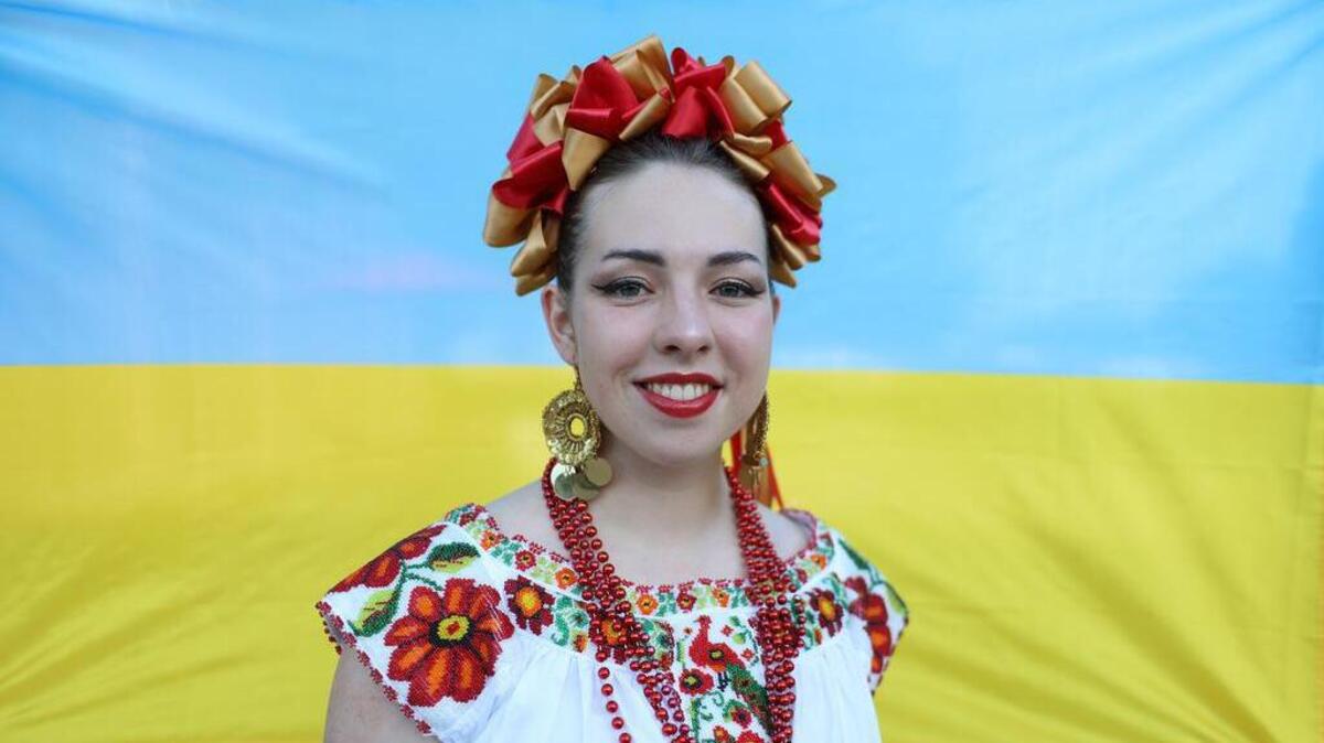 Exchange student Alina Ivanova finished the school year at Dinuba High School, and is now uncertain about where she will go because of the Russian invasion of her home country of Ukraine. She is wearing a traditional costume from Costa Chica Guerrero.