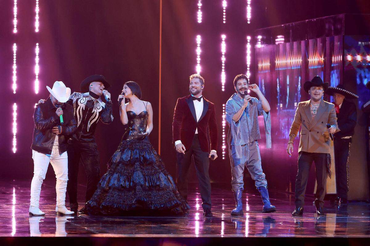 Ab Luna, Eduin Caz, Angela Aguilar, David Bisbel, Camilo and Christian Nodal perform during Univision’s 34th Edition Of Premio Lo Nuestro a la Música Latina at FTX Arena on February 24, 2022 in Miami, Florida.