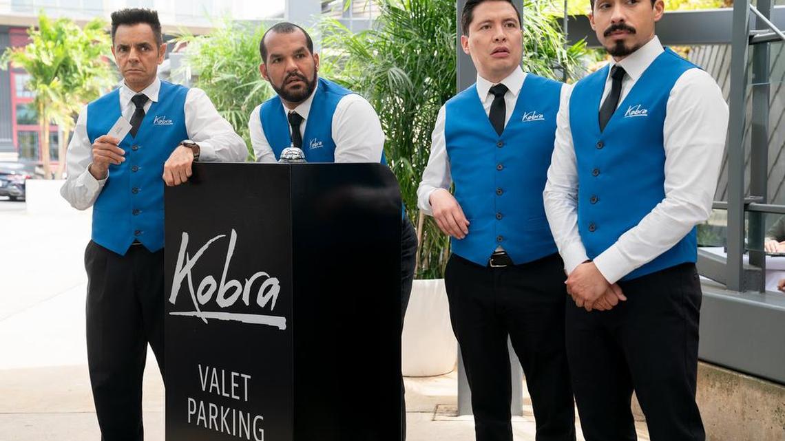 Antonio (Eugenio Derbez), Benny (Amaury Nolasco), Rudy (Armando Hernández), and Javier (Carlos Santos) are shown in a scene from ‘The Valet.’
