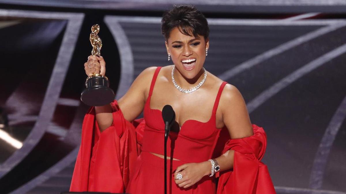 U.S. actress Ariana DeBose reacts after winning the Oscar for Performance by an Actress in a Supporting Role for 'West Side Story' during the 94th annual Academy Awards ceremony at the Dolby Theatre in Hollywood.