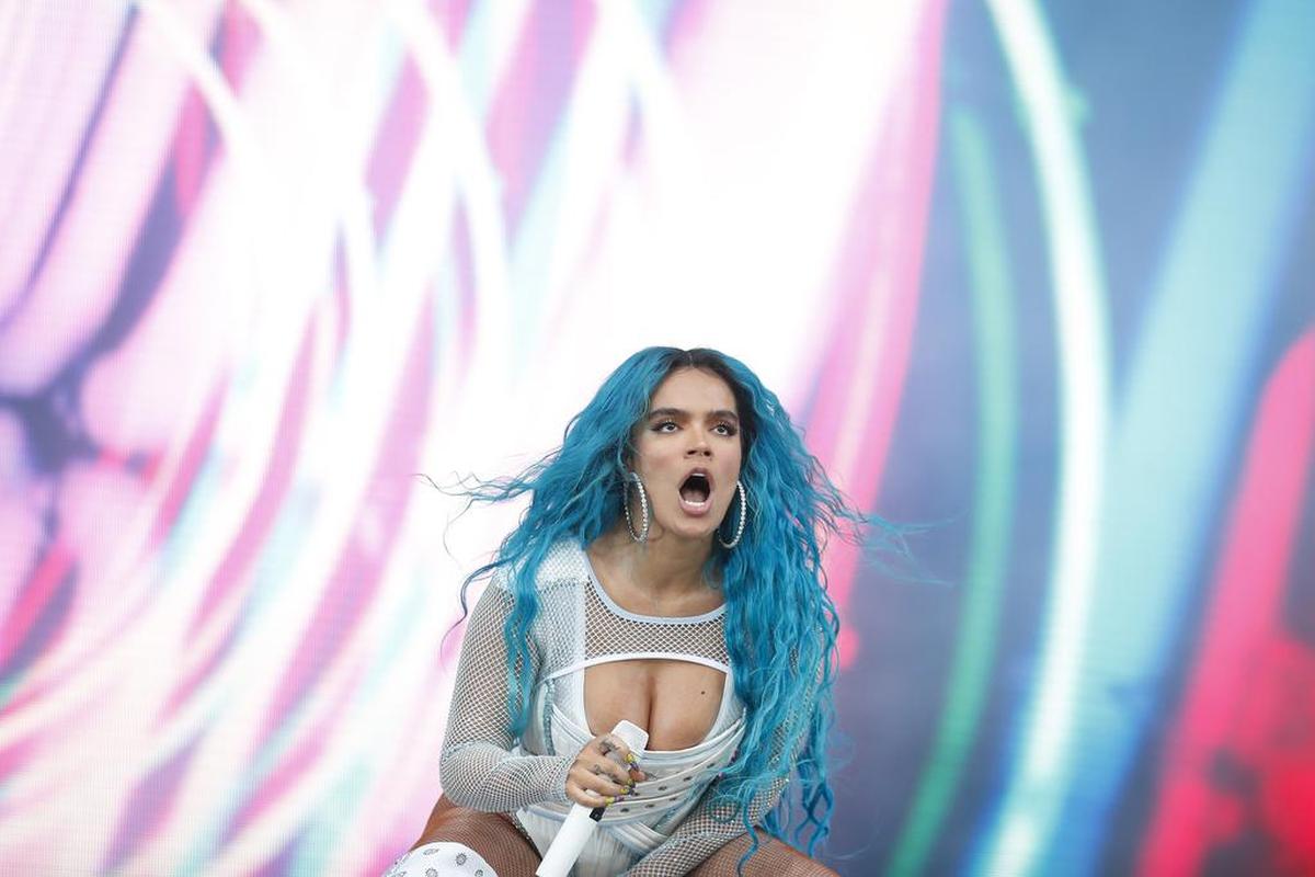 Karol G performs on stage during the Coachella Valley Music and Arts Festival in Indio, California.
