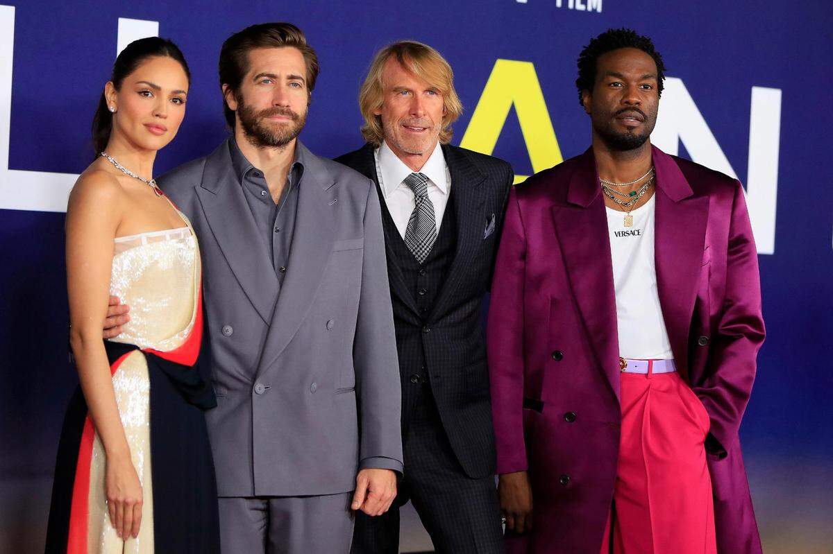 Eiza González, Jake Gyllenhaal, Michael Bay, Yahya Abdul-Mateen II at the premiere of Ambulance at the Academy Museum of Motion Pictures in Los Angeles, April 4, 2022. The movie will be released in US movie theaters on April 8, 2022.