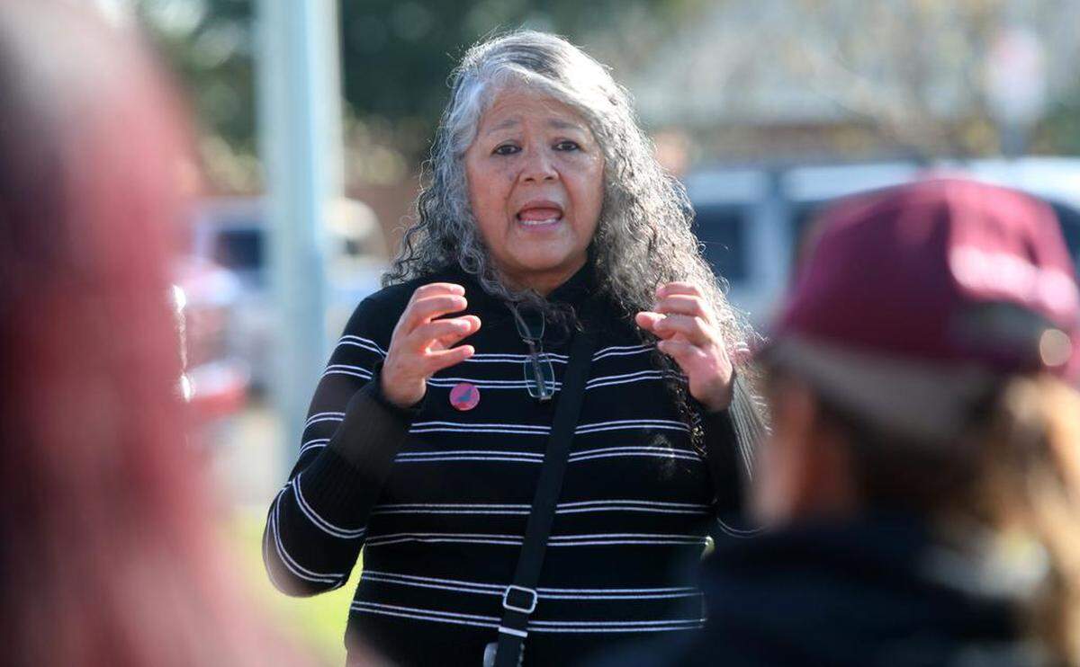 United Farm Workers President Teresa Romero addresses volunteers who later helped distribute food to about 400 families in Planada who were impacted by recent flooding. The distribution took place at César E. Middle School on March 26, 2023.