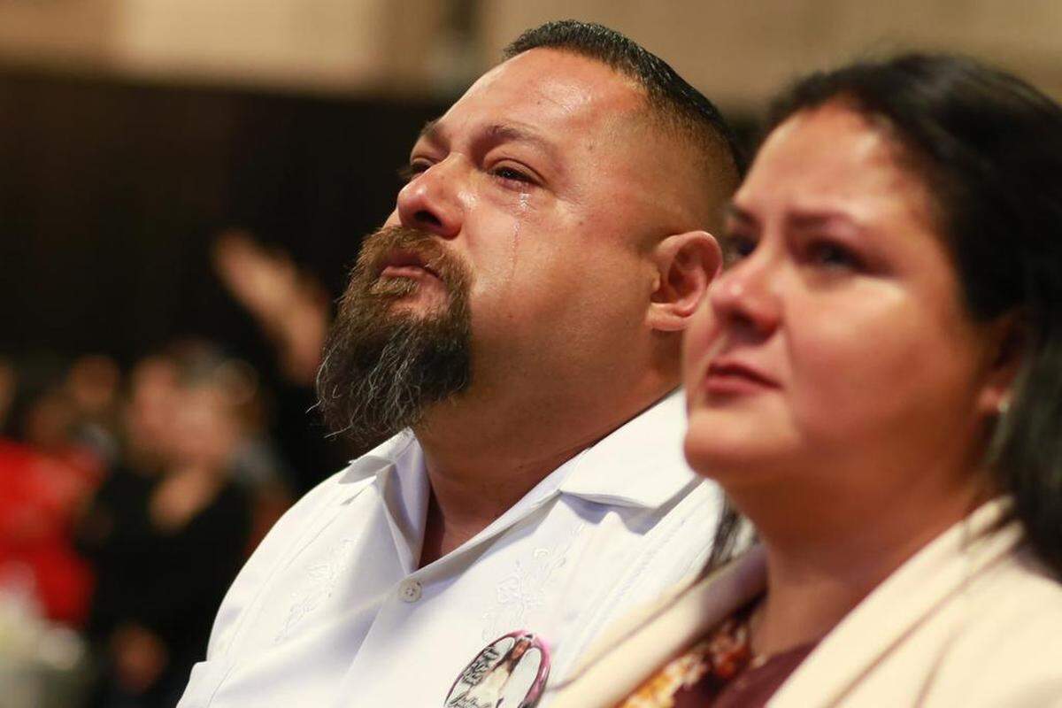 Javier Cazares, the father of Jacklyn ‘Jackie’ Jaylen Cazares who was killed in Uvalde massacre have tears in his eye during the Farmworker Women’s Conference in Visalia.