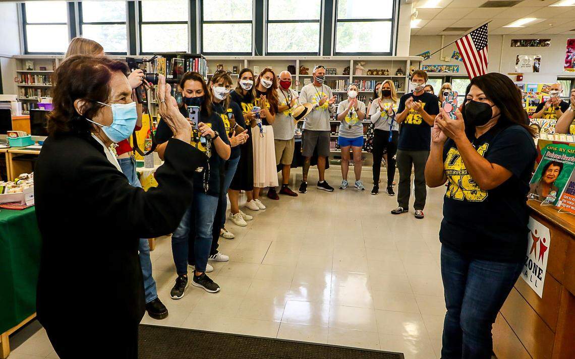 Dolores Huerta Middle School Staff greets Huerta in the library. Dolores Huerta tour the school after the renaming ceremony of the school to honor the&nbsp;91-year-old Latina&nbsp;icon&nbsp;and former teacher on Sept. 17.