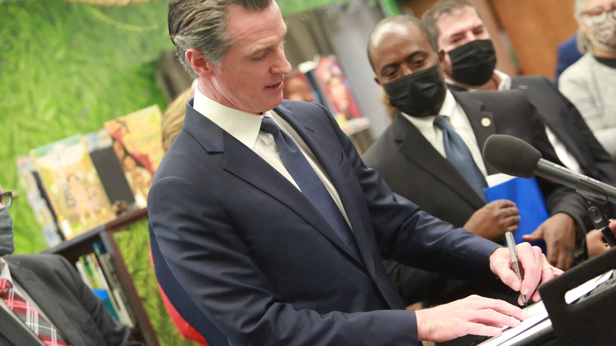 California Governor Gavin Newsom at Sunset Elementary School in Fresno during a visit to sign a package of early childhood education legislation on Tuesday, Oct. 5, 2021.