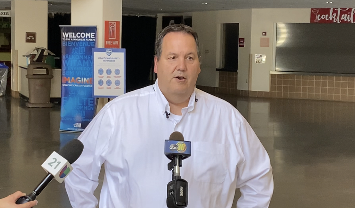 Sean McElhinney, Save Mart Center’s general manager during a press conference on Thursday inside the venue to talk about the state’s mandates for every venue that is hosting an indoor show with over 1,000 people.
