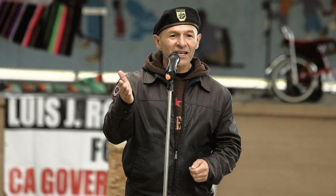Educator and Brown Beret member Ralph Avitía served as emcee for the rally on April 16, 2022 in Fresno.