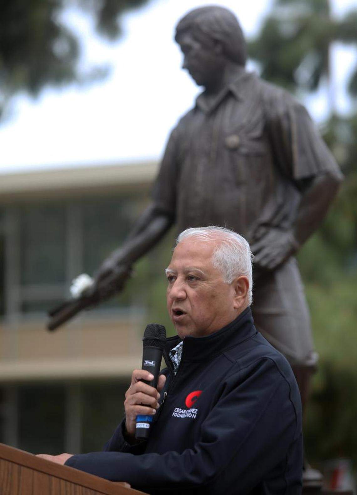 Paul Chávez spoke about his father during Fresno State commemoration of his father, farmworker leader César E. Chávez, in the Peace Garden on March 22, 2023.