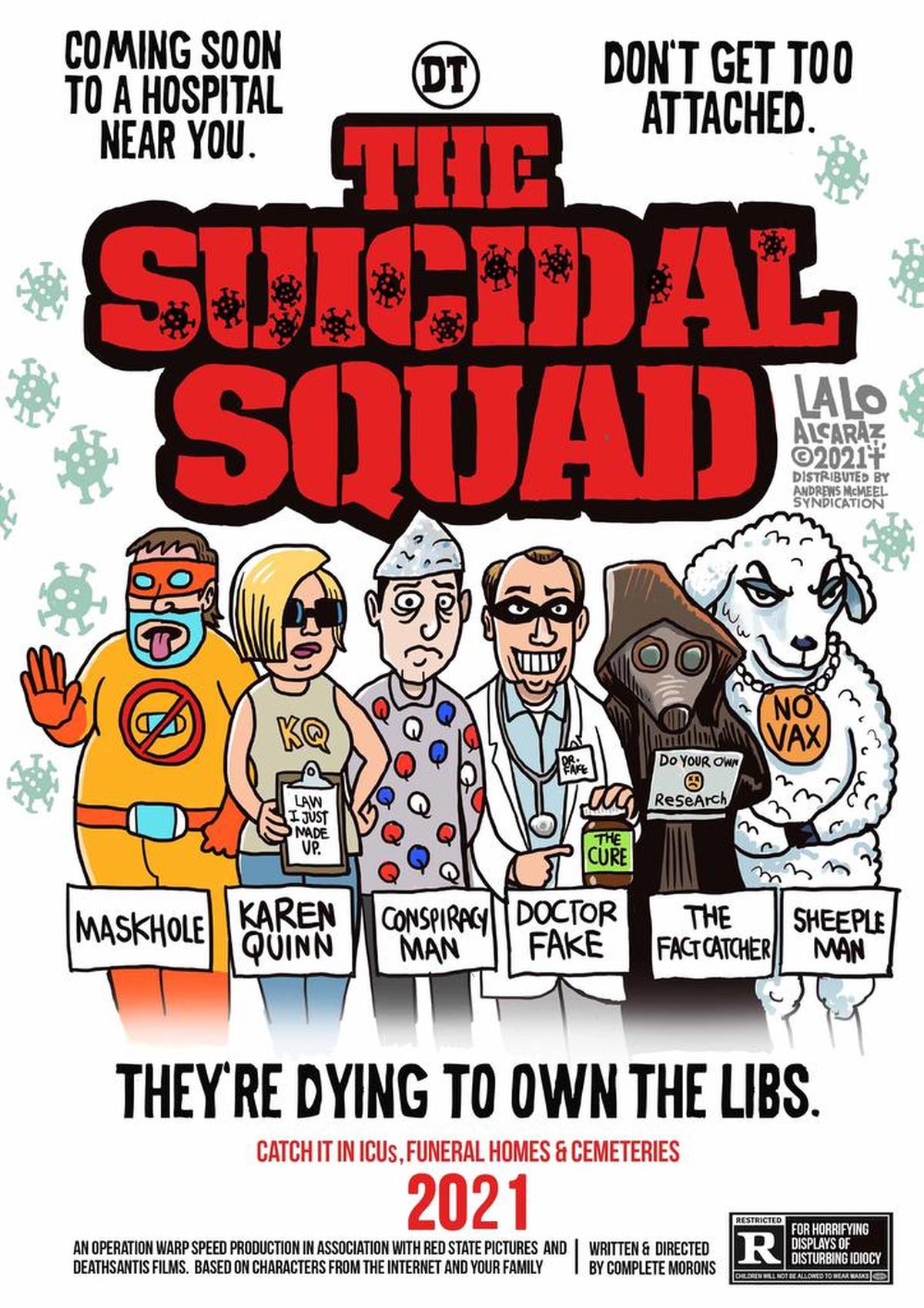 Una caricatura dibujada por el caricaturista político Lalo Alcaraz que parodia la película ‘The Suicide Squad’ (El escuadrón suicida).