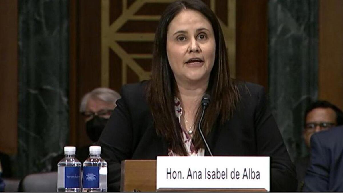 Ana de Alba speaks to the U.S. Senate Judiciary Committee during a hearing for nominees to federal courts. The Fresno County Superior Court judge was confirmed by the U.S. Senate to the U.S. Eastern District Court for the Eastern District of California.