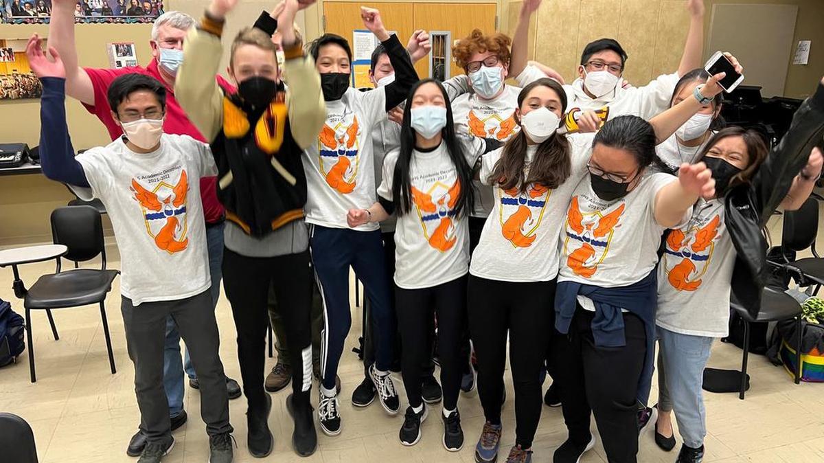 University High’s academic decathlon team celebrates its 2022 Fresno County title on Saturday.