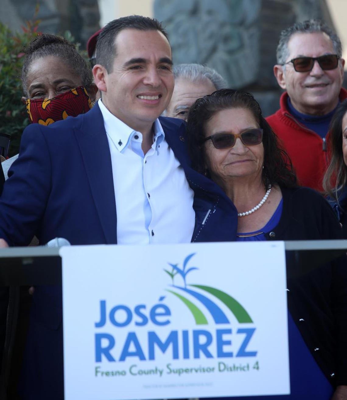 José Ramírez, 55, poses for a photo with his mother after announcing his candidacy for Fresno County Supervisor on Jan. 27, 2022.