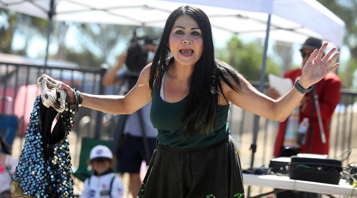 Teatro La Familia Feliz member Marissa Raygoza played La Bruja de Avocado Lake in the bilingual play ‘Vacúnate, Prudencio!’ during a June 13, 2021 pop up performance at the Madera fairgrounds.